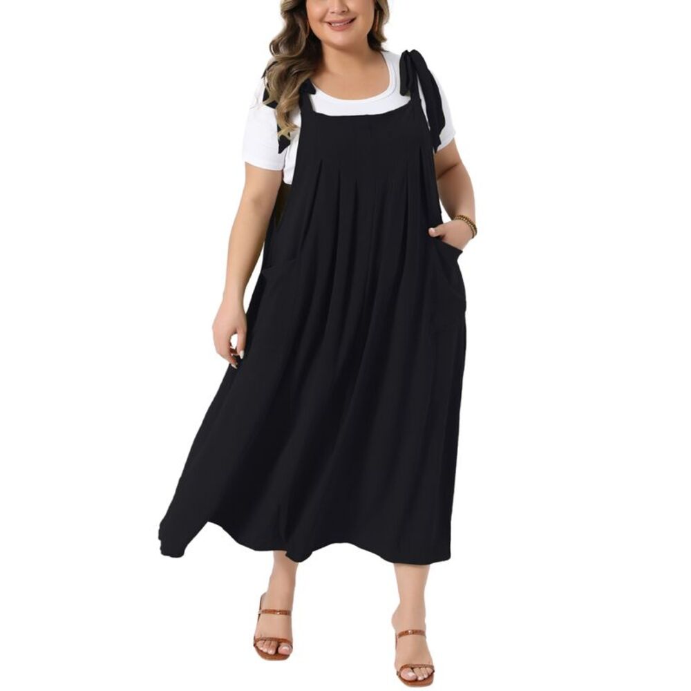 Women Plus Size Pleated with Pockets Tie Strap Pinafore Dress Black